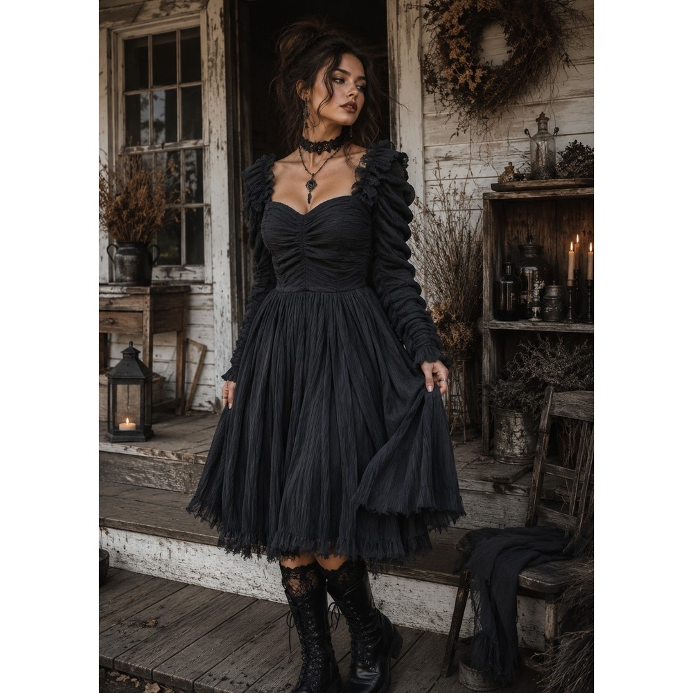 Moon River Plissé Tulle Whimsigoth Witchycore Minidress Black Medium